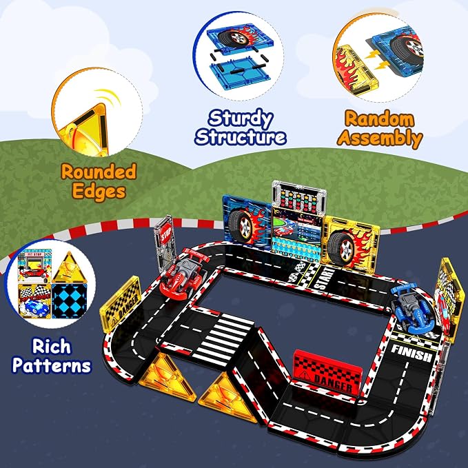 Magnetic Tiles Road Set, Rail Race Track with 2 Racer Cars, Magnetic Car Racing for Kids Ages 3 4 5 6 7 8, Magnet Building Blocks STEM Toy Birthday Gifts for 3＋ Years Old Boys Girls