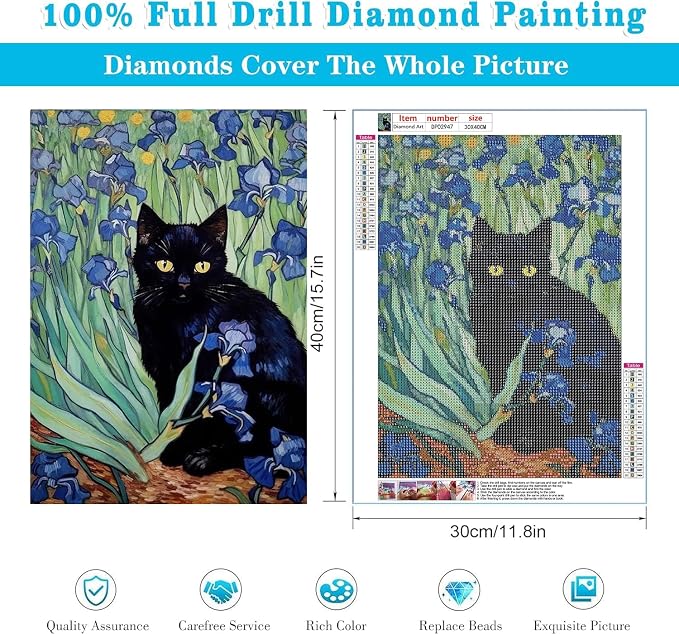 RYMILIE 5D Diamond Painting Kits for Adults, Black Cat Diamond Art for Beginners, DIY Full Round Drill Paint by Diamonds Dot Gem Art for Adults, Home Wall Decor 12x16 Inch