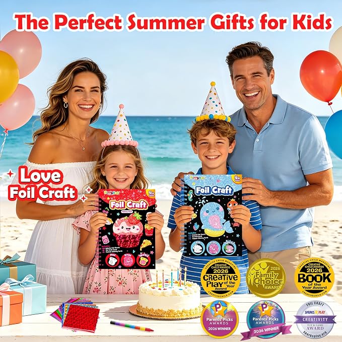 FUNNYB&G Foil Art Craft Kit for Girls 4-10 Years Old: Mess-Free & No-Glue, Create 16 Sparkly Food Pictures – Perfect Travel Toy & Birthday Gift for Kids (Food)