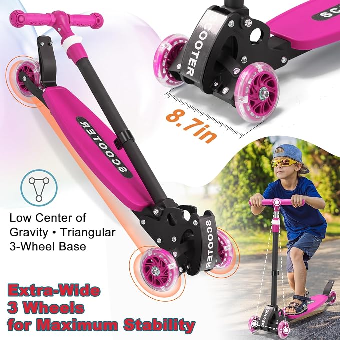 Kids Kick Scooter, Kick Scooter for Kids 2-7 Age, Light up 3 Wheels Kick Scooter, Heavy Duty Folding Lean-to-Steer Scooters with 3 Adjustable Handlebar for Boys Girls Blue