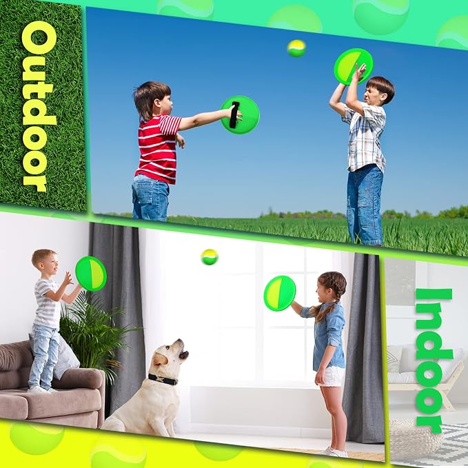 Charniol Kids Toys Toss and Catch Game Set Beach Game Outdoor Ball Sports Games Toss and Catch Ball Nylon Toys for Kids Adults(Yellow Green,12 Paddles 6 Balls)