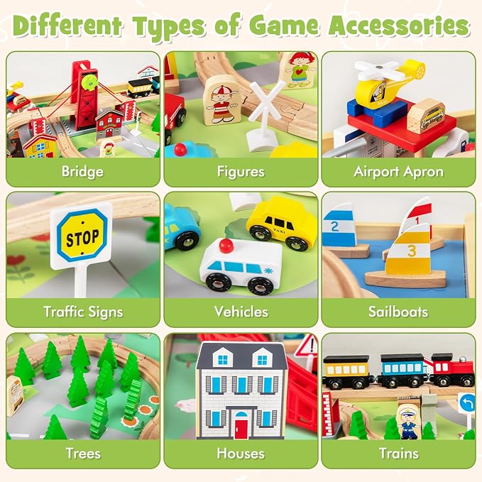 INFANS Train Table with Storage, 94 Pieces Wooden Kids Activity Toy Table Playset with 3 Foldable Boxes Reversible Detachable Tabletop, Tracks, Train, Railway, Gift for Toddler Boys Girls Ages 3+