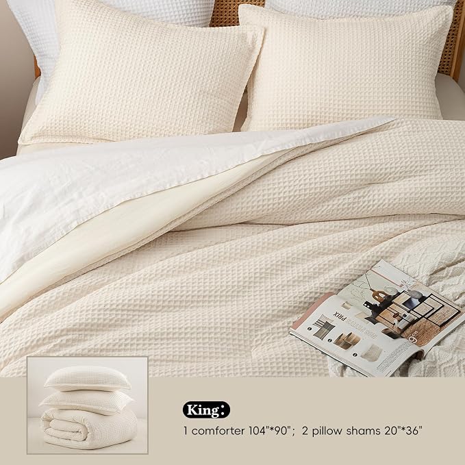 David's Home Waffle Weave Comforter Set 3PCS King Size, Soft Breathable Lightweight Cozy Skin-Friendly Warm for All Season, Elegant Aesthetic Home Decor Bedding Set with Pillow Shams, Cannoli Cream
