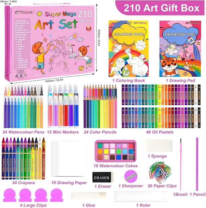 GOTIDEAL Art Supplies,Kids Art Set,210 PCS Art Kit for Kids Age 6-12 with Trifold Easel, Kid Drawing kit with Coloring Book, Crayons, Markers, Watercolor Pens,Gift for Boys and Girls(Pink)
