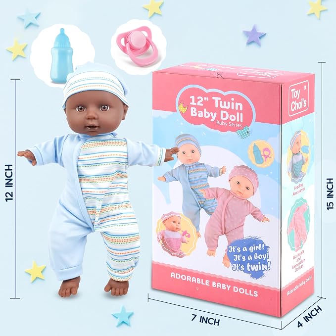 Toy Choi's Twin Baby Dolls 12 inch Soft Black Body Doll Set, Babydoll Playset with Rompers, Hat, Pacifier and Doll Bibs, Gifts Toys Toddlers Kids Boys and Girls