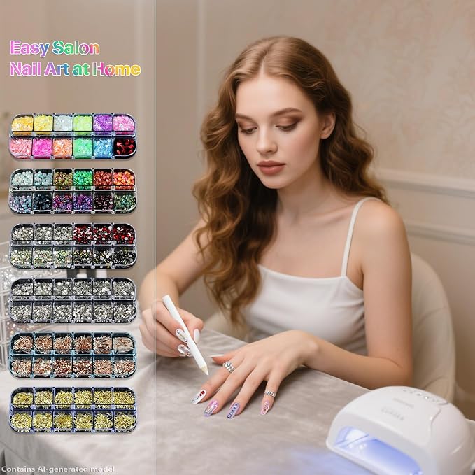 Artdone Nail Art Glitter Studs Kit, 6 Boxes Multicolor and Design 3D Charms with 15 Sheets Gold Nail Stickers, Diamond Cute Nail Jewels for DIY Decoration with Pickup Tools
