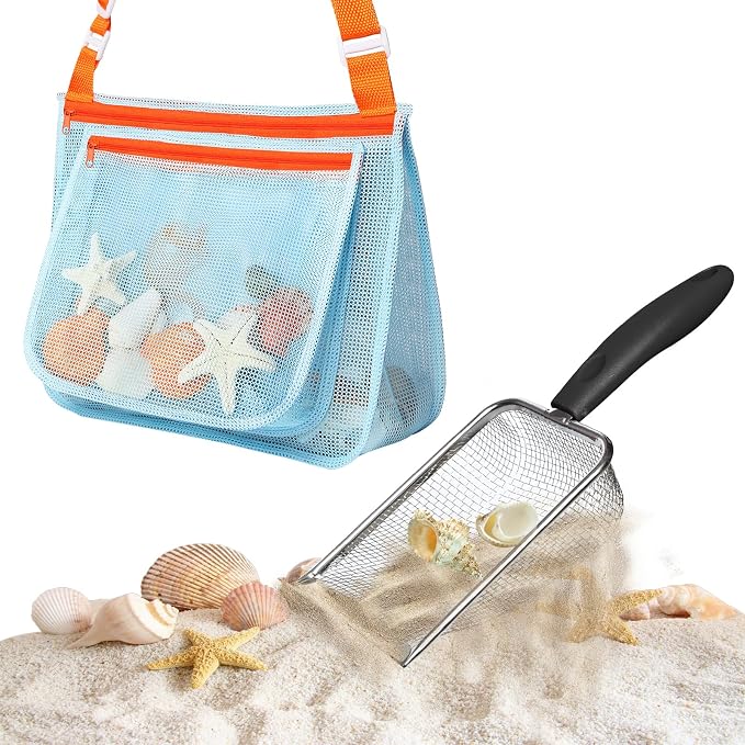 Beach Mesh Shovel with Mesh Beach Bag for Picking Up Shell,Metal Shark Tooth Sifter Sand Dipper Beach Scoop for Kids Boys Girls