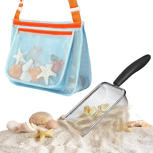 Beach Mesh Shovel with Mesh Beach Bag for Picking Up Shell,Metal Shark Tooth Sifter Sand Dipper Beach Scoop for Kids Boys Girls