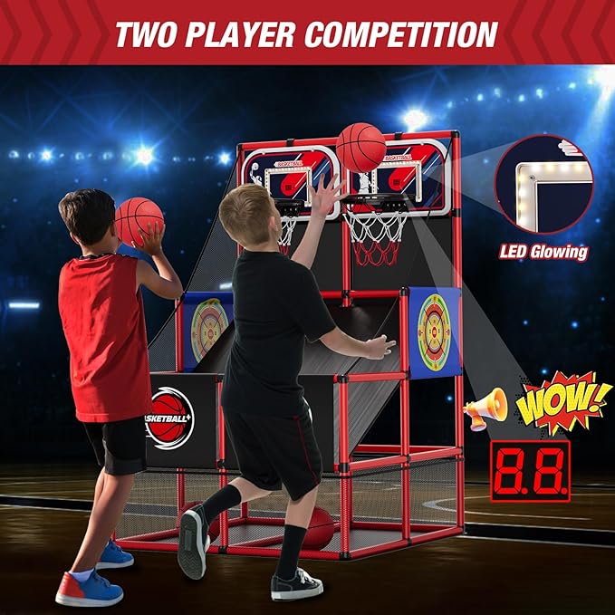 HYES 2 in 1 Dual Shot Basketball Arcade Game with 2 Dart Boards/Electronic Scoreboard/LED Light, Kids Basketball Hoop for Home Indoor Outdoor, Sport Toys for Boys Girls