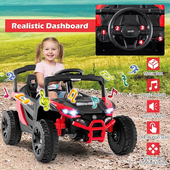 Costzon 12V Kids UTV Ride On Car, Battery Powered Electric Vehicle with Remote Control, 3 Speeds, LED Lights, Music, Horn & Spring Suspension, Off-Road UTV for Boys & Girls 3+ Years Old (Red)
