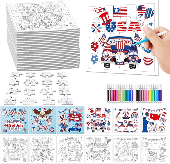 Fennoral 24 Pack 4th of July Craft Kit for Kids Color You Own Patriotic Jigsaw Puzzle with Base DIY Coloring Independence Day Art and Craft for Classroom Activity Party Favor Supplies,4.7inch