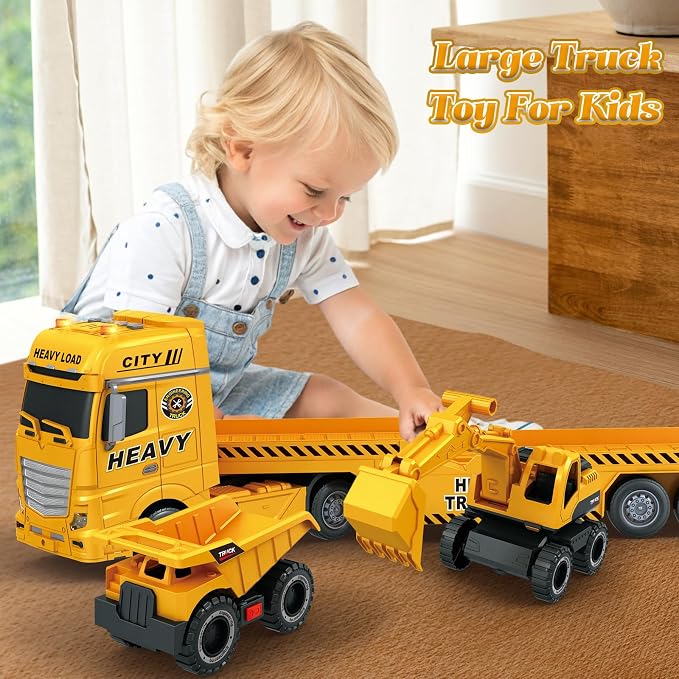 3-in-1 Construction Truck Toy for Ages 3-6 – 25.6 Inch Extra-Large Semi-Truck with Lights & Sounds, Detachable Excavator and Light & Sound Dump Truck, Inertia Vehicle Set
