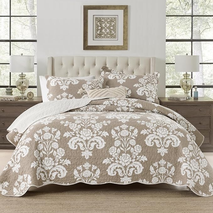 Queen Size Quilt Set- 100% Cotton Quilt Set, Floral Pattern Bedspread Set Queen Size,Farmhouse Lightweight Reversible Quilt Set, Quilt Bedding Set for All Season,3-Piece,Warm Taupe & White