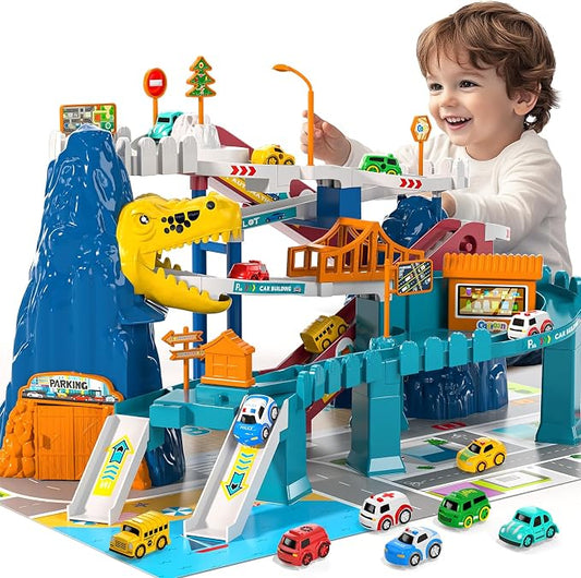 MSKOLER Dinosaur Race Car Tracks for Toddlers 3-4 Years, Dinosaur Climbing Hills Railcar, Toy Car Track Play Set with 7 Small Race Cars, Preschool Birthday Gifts for 3 4 5 6 7 8 Year Old Boys Girls