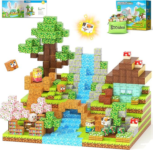 Gooidea 200 Magnetic Blocks Magnetic Building Blocks, Mine Magnet World Building Crafts, Sensory Toys Learning Game, for Kids Ages 3-5 5-7 8-12 Year Old - Garden Wonderland Playset