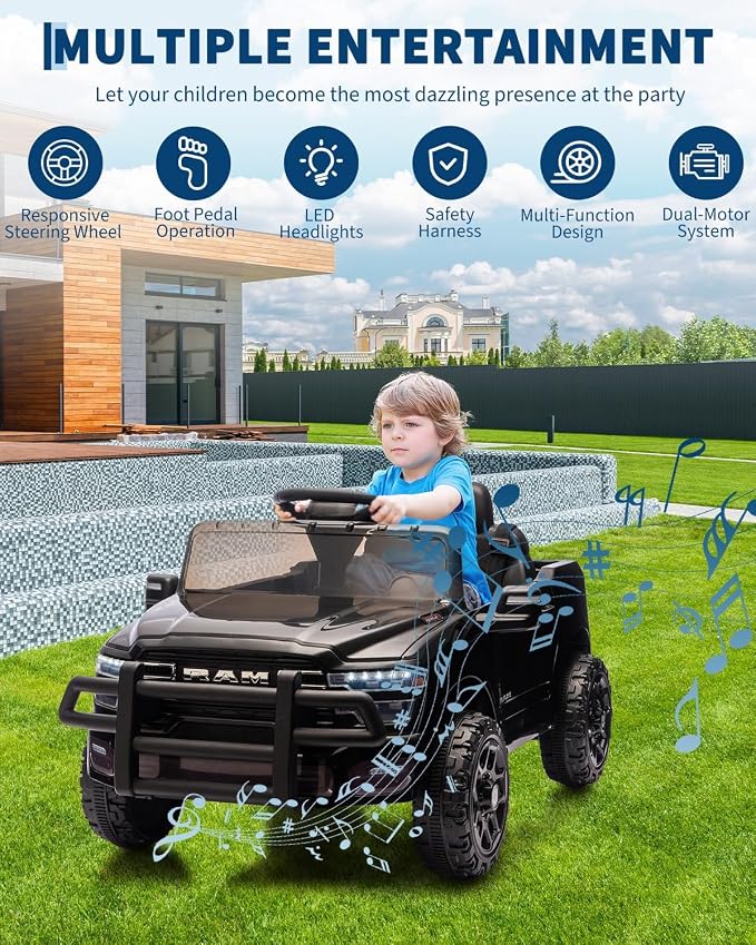 Garvee Kids Ride On Cars, Licensed RAM 12V Electric Ride On Truck Car w/Remote Control, Electric Pickup Car for Toddlers, Spring Suspension, LED Lights, Music, Ride On Toys for Boys Girls