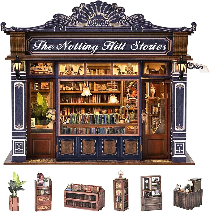 DIY Miniature House Kit, Dollhouse Fantastic Book Store for Adults to Build, Birthday/Christmas Day Gift for Family and Friends, Prefab Tiny Home with LED Lights,The Notting Hill Stories