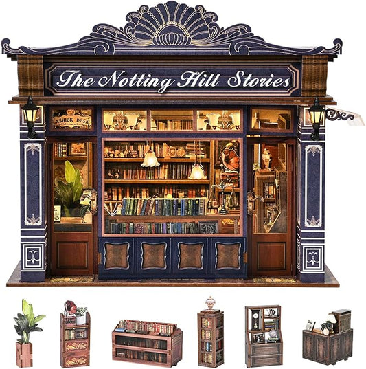 DIY Miniature House Kit, Dollhouse Fantastic Book Store for Adults to Build, Birthday/Christmas Day Gift for Family and Friends, Prefab Tiny Home with LED Lights,The Notting Hill Stories