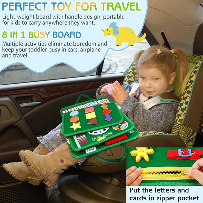 Esjay Toddler Busy Board Montessori Toys for Boys and Girls, Sensory Book Educational Activities for Learning Fine Motor Skills, Birthday Gifts Toddlers, Travel Toys for Airplane Car, Green Dinosaur