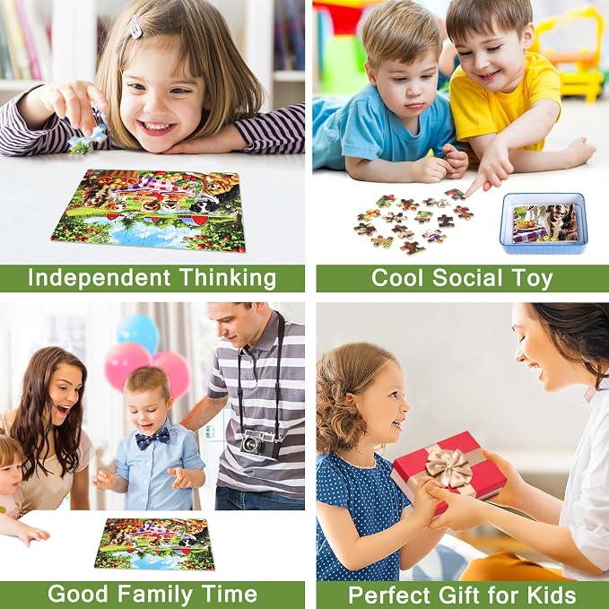 MZZOTOY Puppy Dogs Animal Picnic Puzzles for Kids Ages 4-8, 100 Pieces Jigsaw Puzzles for Kids Ages 3-5 Puzzle for Girls and Boys Learning Educational Puzzles Toys in a Metal Box