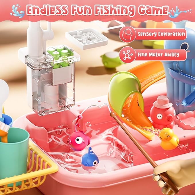 Upgraded Toddler Sand Water Table Toy with Electric Water Pump, Kids Sand Water with Faucet/Play Food Accessories/Fishing Toy, Kitchen Play Sink Toys for Girl Boy Age 3+ (Pink)
