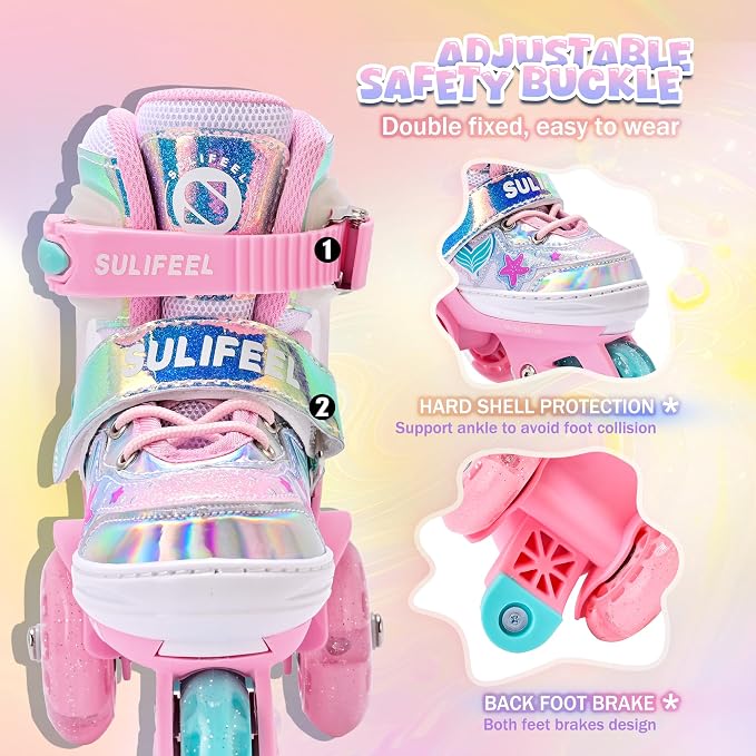 SULIFEEL Adjustable Roller Skates for Girls Boys Kids,Fun Illuminating Light Up Flash Wheels Three-Point Type Balance Suitable for Beginners Indoor Roller Skating