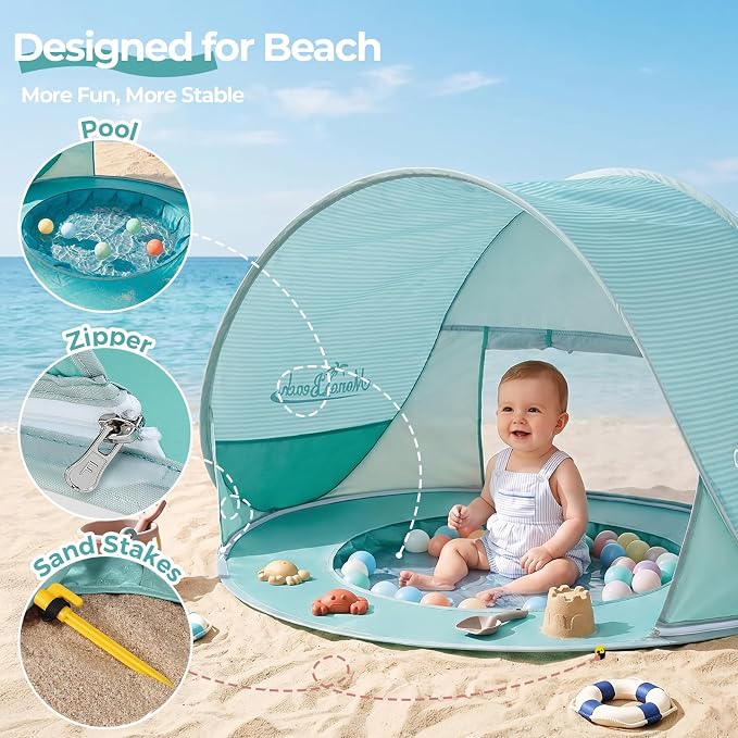 Monobeach Baby Beach Tent with Pool: Green Pop Up Sun Shade Tent for Toddler, UV Protection Portable Outdoor Shelter, Foldable Camping Canopy for Beach, Backyard & Travel