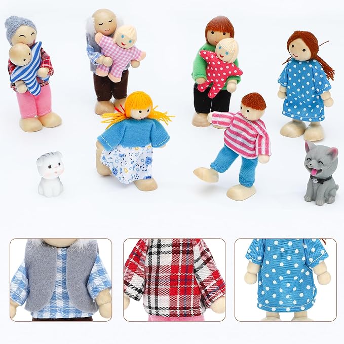 ONEST 11 Pieces Wooden Dollhouse Family Set Mini People Figures Sets Dollhouse Dolls Wooden Doll Family Pretend Play Figures Accessories for Pretend Dollhouses