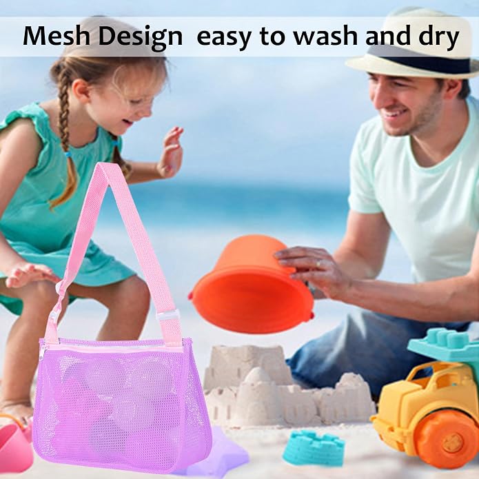 UTTPLL Colorful Mesh Beach Bag Adjustable Kids Quick Dry Net Tote for Seashell Collecting Sand Toy Swimming Accessories