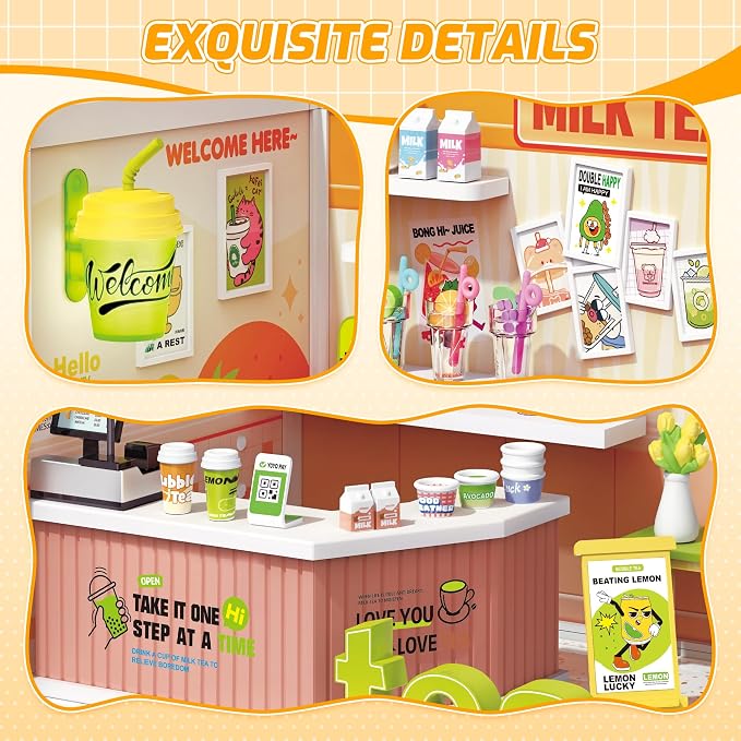 MINDNOOK DIY Miniature House Kit, LED Light-Up Dollhouse, Mini Dollhouse Building Set with Furniture, Craft Hobby Gift for Adults, Teens & Kids Ages 6+ (Milk Tea)