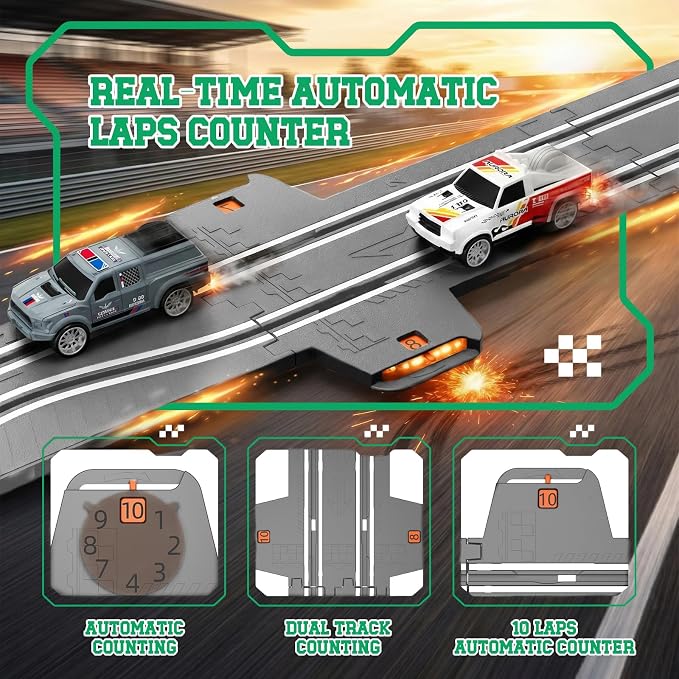 18.04ft 2-in-1 Slot Car Track Sets Toy - with 4 Cars, Battery or Electric Car Track Set with Dual Racing Game, Flash Circular Track, Lap Counter,Birthday Xmas Gifts Toys for Boys(S2-Charcoal)