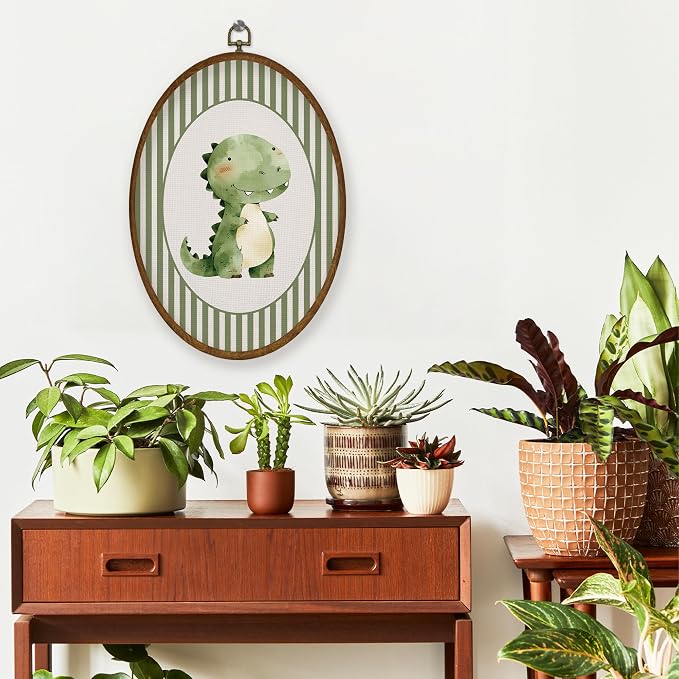 WULQYING Vintage Dinosaur Nursery Wall Art Decor, Boys Room Oval Framed Canvas Art Prints, Green Striped Dino Dinosaur Wall Hanging Decor for Kids Toddler Boys Room Bedroom Playroom, 8.6x11.4 Inches