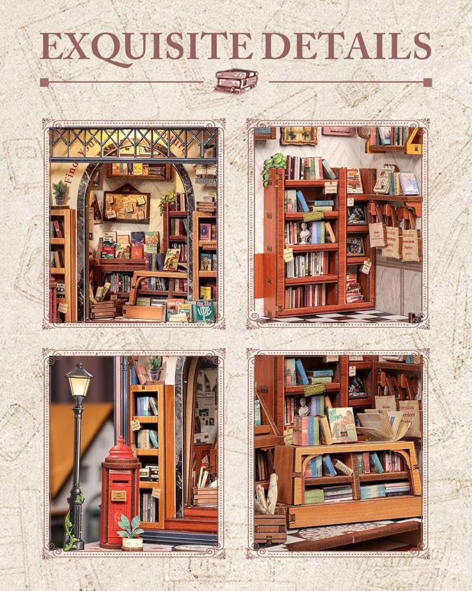 Cutefun Book Nook Kit - DIY Miniature Dollhouse Library Kit for Adults and Teens, Tiny House Building Bookshelf Insert Decor with LED Light, Gifts for Family and Friends (Jack's Bookery)
