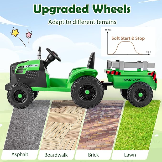 Costzon 24V Ride on Tractor with Detachable Trailer, Kids' Electric Vehicles with 3 Speeds, 15° Climbing, Wireless Design, Horn & Music, Remote Control Tractor Toy for Kids 3+,Gift (24V, Green)