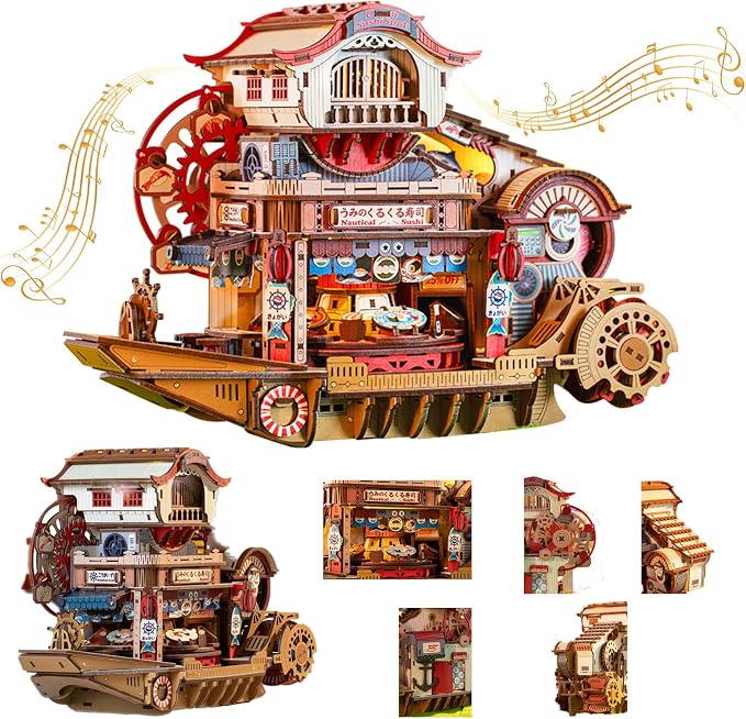 Nautical Sushi 3D Puzzles for Adults, 425PCS Wooden Mechanical Model Building Kit with Music and Lights, Miniature House Kit, Unique Home Decor Craft Gifts for Christmas Birthday Father's Day