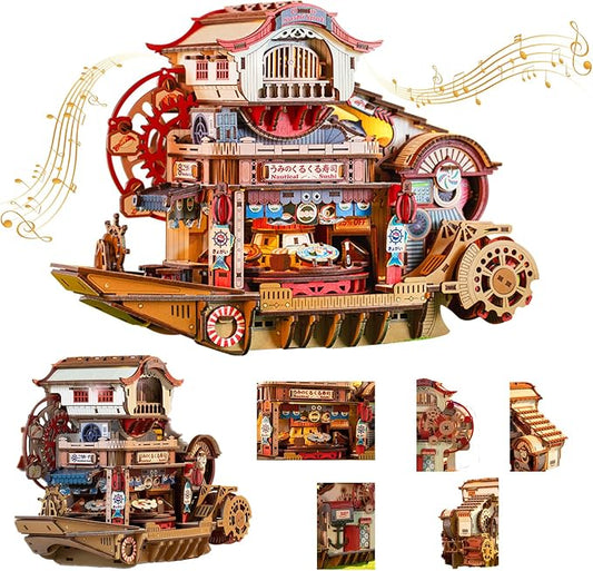 Nautical Sushi 3D Puzzles for Adults, 425PCS Wooden Mechanical Model Building Kit with Music and Lights, Miniature House Kit, Unique Home Decor Craft Gifts for Christmas Birthday Father's Day