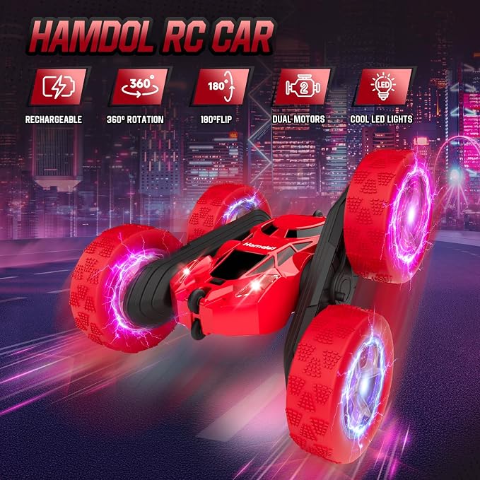 Hamdol Remote Control Car for Kids Ages 6-12, 4WD RC Stunt Car with LED Lights & 360° Flips, 2.4GHz Fast Electric Toy Vehicle, Upgraded Battery, Birthday for Boys Ages 8-10