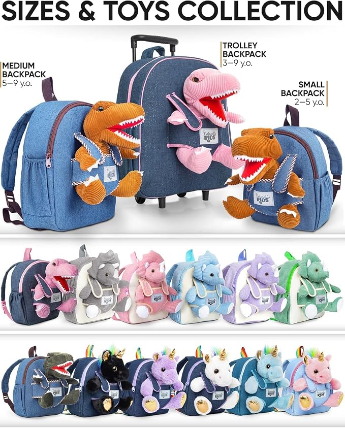 Naturally KIDS 【Upgraded】 Toddler Backpack with Detachable Dinosaur Toy for Boys | Side & Inner Pockets, Reflective Logo | Dinosaur Backpack for Kids 3-5