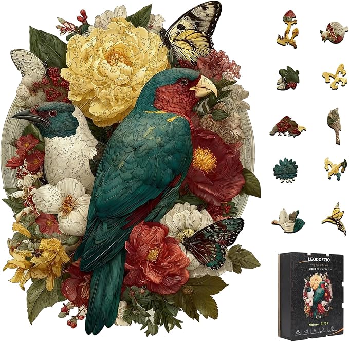 Leodozzio Wooden Puzzles for Adults, Nature Birds Wood Jigsaw Puzzle 200 Pieces, 5mm Thick Unique Shaped Bird Flower Puzzle, Gift for Adults & Family, 9.1 x 11.8 Inch