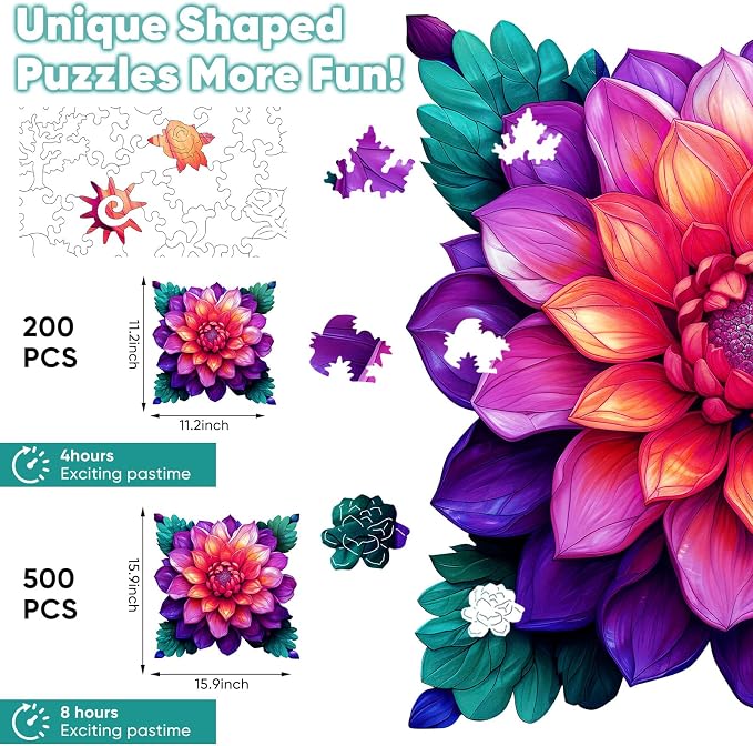 Leodozzio Lotus Wooden Jigsaw Puzzle for Adults 500 Pieces, 5MM Thick Unique Shaped Flower Wood Puzzle, Home Wall Decor, Family Game, 15.9 x 15.9 Inch