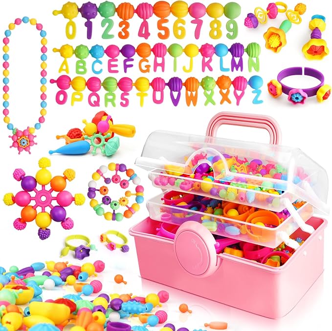 FUNZBO 850pcs Pop Beads - Jewelry Making Kit for 3 4 5 6 7 8 Year Old Little Girls, Arts and Crafts Toys for Kids, Necklace Bracelet Ring Hairband Creativity Snap Set, Birthday Gifts for Kids