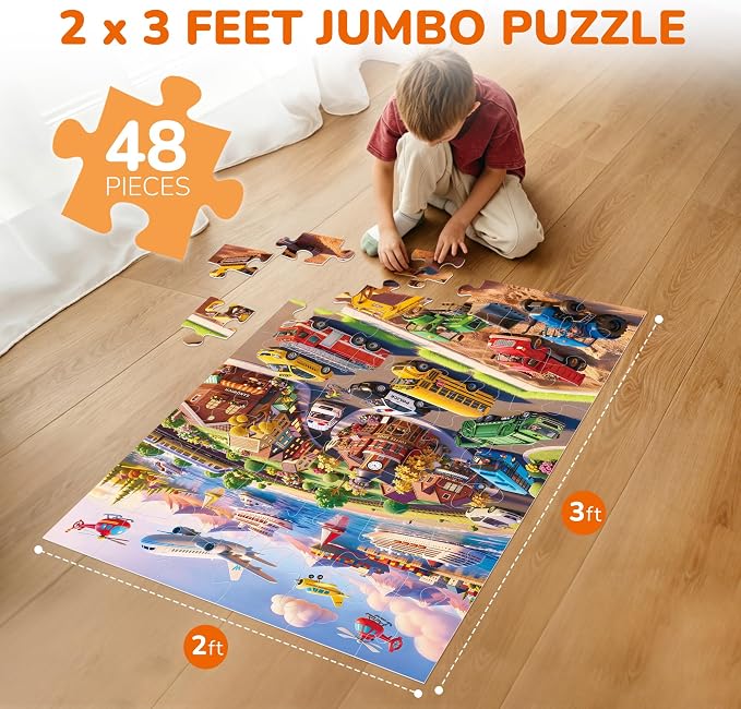 BenBen Floor Puzzles for Kids Ages 4–6, 48 Piece 2 x 3 Feet Transportation Jigsaw Puzzle, Large Vehicle-Themed Floor Puzzle with Big Pieces, Educational Toy Gift for Boys & Girls