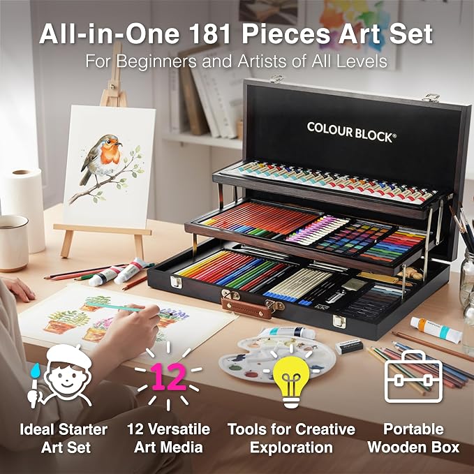 COLOUR BLOCK 181-Piece Mixed Media Art Set in Wooden Case, Deluxe Drawing Set and Professional Art Supplies for Adults, Art Kit for Drawing, Sketching, Painting with 12 Mediums, 11 Tools and Paper