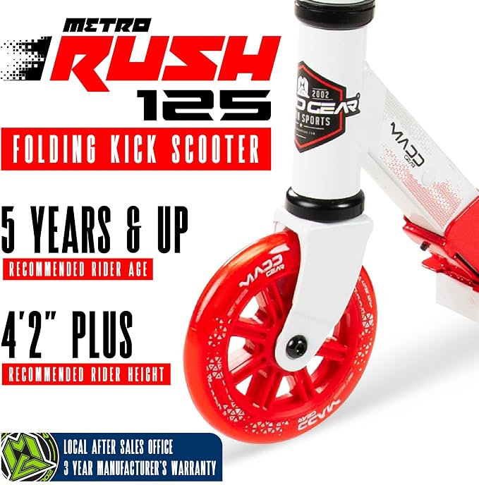 Kick Scooter for Ages 5+ - Kids, Teens & Adults. Max Load 220lbs. Foldable, Light-Up Wheels, Adjustable Height, Lightweight - Rush 125 Madd Gear