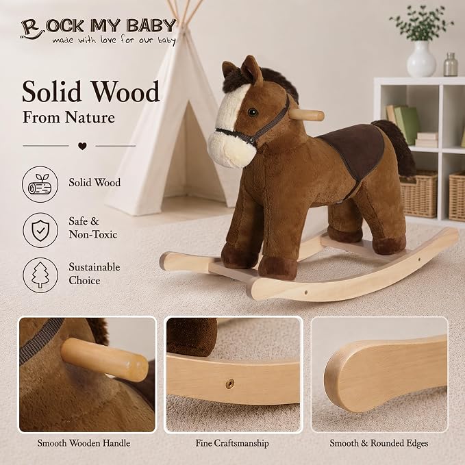 Rock My Baby Rocking Horse, Dark Brown Horse Rocker for Toddlers 18M+, Plush Ride on Horse Toy with Realistic Sound,Soft Stuffed Filling, CPC Certified