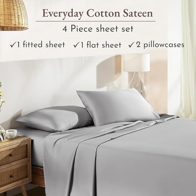 California Design Den Natural 100% Cotton Sheets Full Size Bed Set with Deep Pockets - Soft Sateen Weave, Durable Full Size Bed Sheets (Light Grey)
