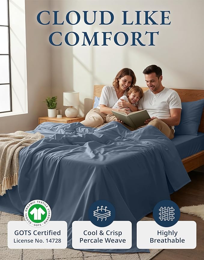 LANE LINEN King Size Sheet Set 100% Organic Cotton Soft 4pc - Estate Blue | King Sheets In GOTS Certified Organic Cotton Percale - Crisp Cool Percale Weave, Great For Gifting, Best-Value Organic Cotton