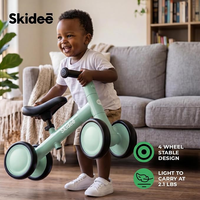 SKIDEE Toddler Balance Bike 1-3, 4-Wheel Balance Bike with Rare Light-Motion-Activated LED Wheels, Adjustable Height & Child Safe Steering, Lightweight Ride-On Toy Training Bike for Boys & Girls