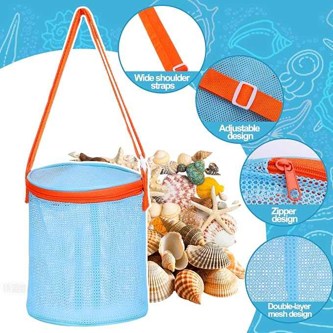 Vodolo Sea Shell Bags for Beach,2PCS Large Mesh Seashell Holder for Adults,Shelling Collecting Tools Travel Sand Toys Storage Bucket for Sandbox,Beach Vacation Essentials,Beach Must Haves Toy Bag