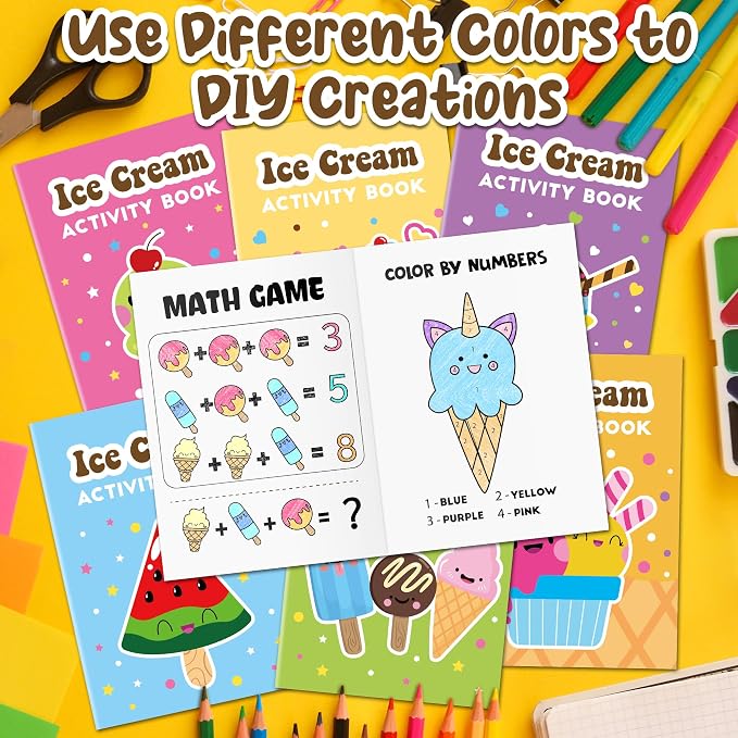 Ice Cream Activity Books for Kids 24Pcs Summer Ice Cream Mini Games Coloring Book Set Bulk Mazes Word Search Word Scramble Games for School Classroom DIY Art Gifts Summer Holiday Party Favors
